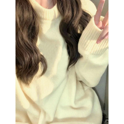 Damen Grobstrickpullover Weich Rundhalsausschnitt Beige