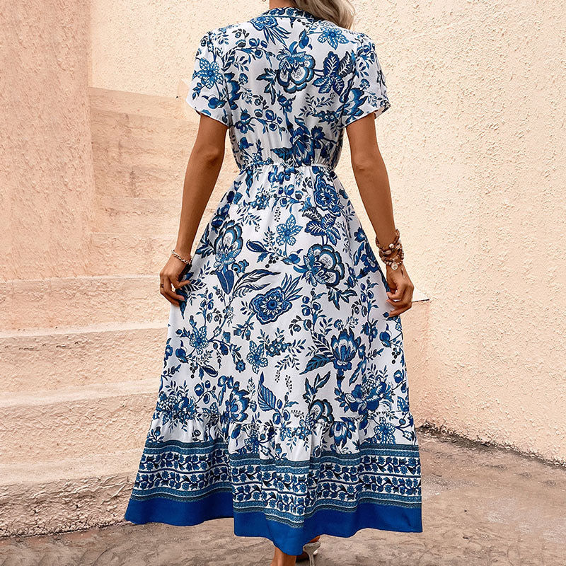 Damen Maxikleid Floralmuster Elastischer Gürtel Eveloria