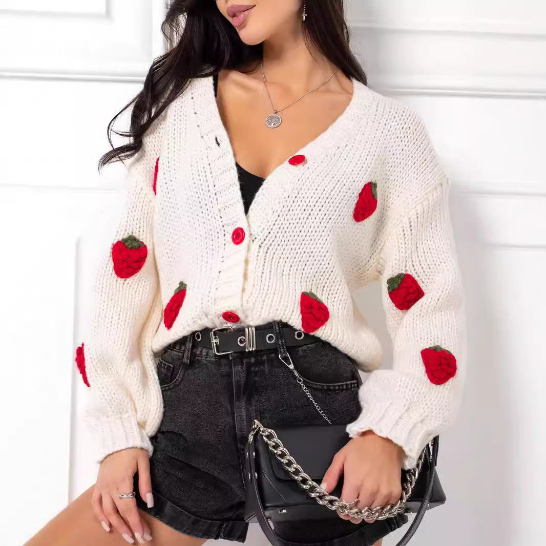 Damen Strickjacke Frucht-Applikationen Knopfdetails Eveloria