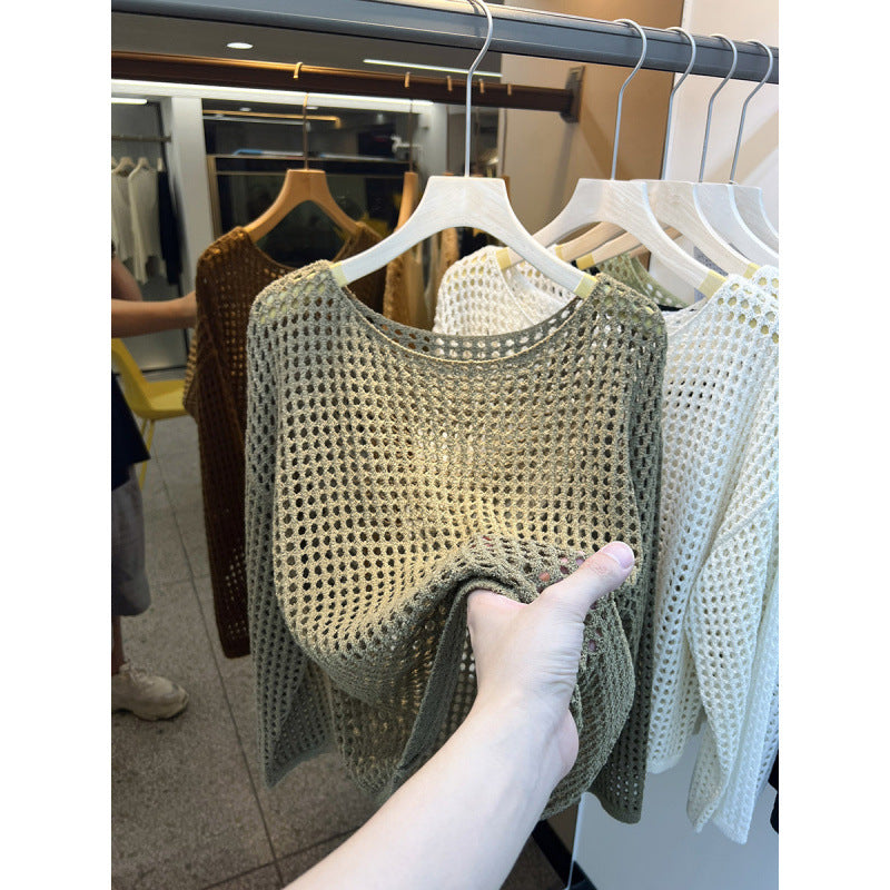 Damen Strickpullover Luftig Grobes Netzmuster Beige