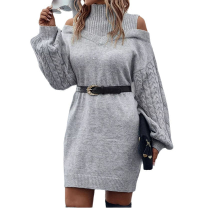 Damen Strickkleid Schulterauschnitte Hochkragen Eveloria