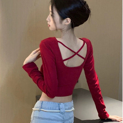 Damen Crop- Langarm Crisscross Rücken V-Ausschnitt