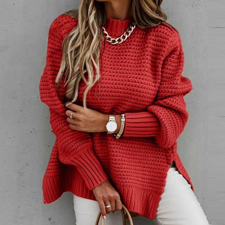 Damen Grobstrickpullover Hochgeschlossener Kragen Seitliche Schlitzen