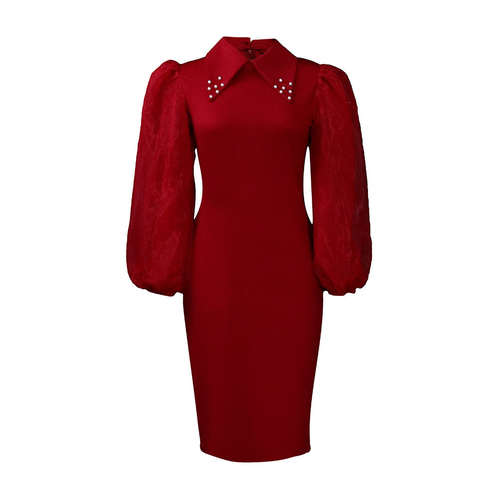 Damen Etuikleid Puffärmel Eleganter Kragen