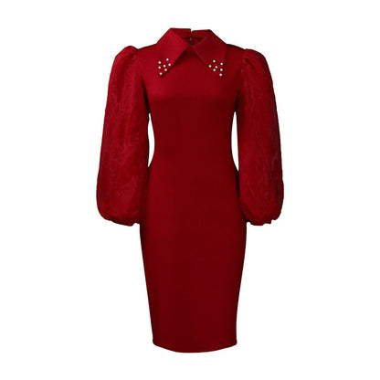 Damen Etuikleid Puffärmel Eleganter Kragen