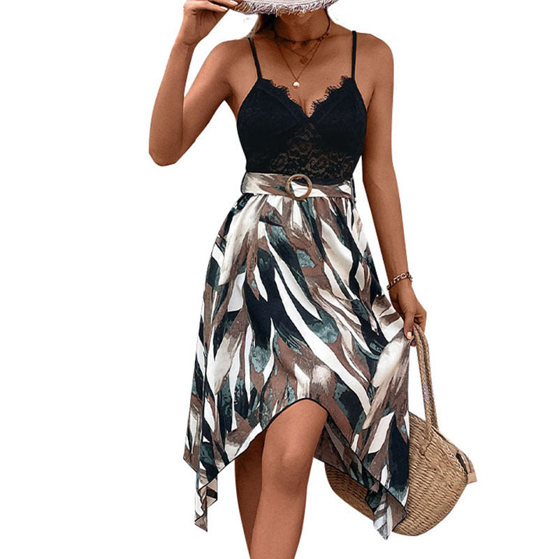 Damen Strandkleid Asymmetrisch Spitze Taillengürtel Eveloria
