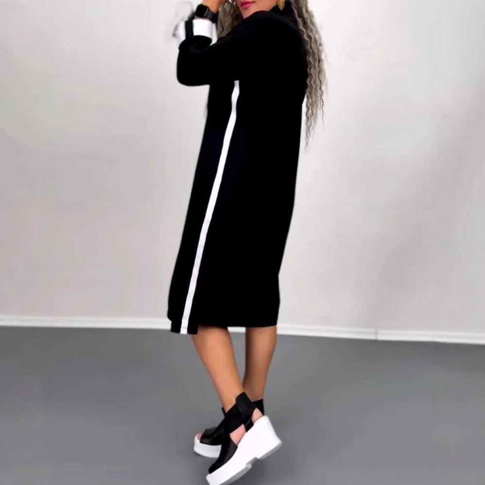 Damen Kapuzenkleid mit Taschen Farbkontrast