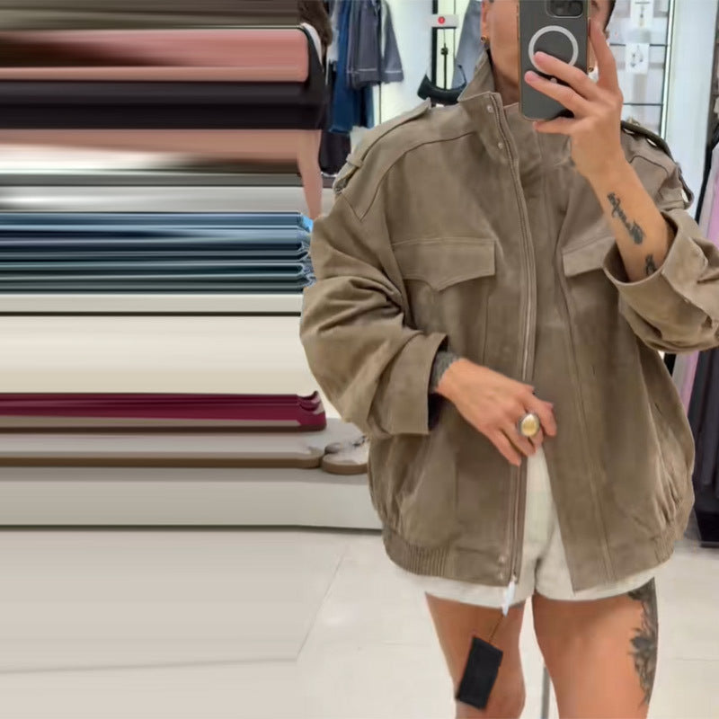 Damen Oversized Wildlederjacke Bequem