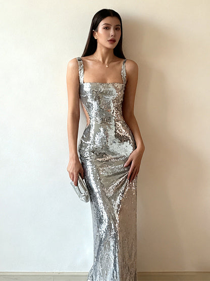Damen Pailletten-Abendkleid Lang Eveloria Mit Tiefem Ausschnitt