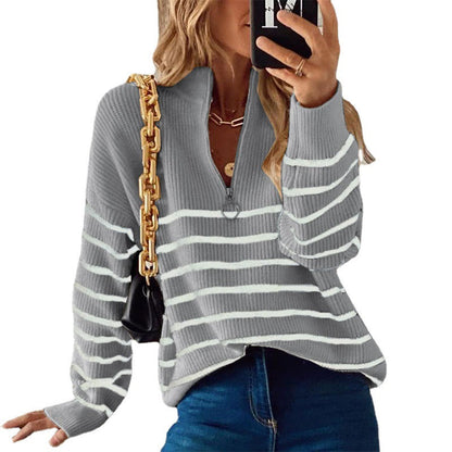 Damen Strickpullover Reißverschluss Streifenmuster Eveloria