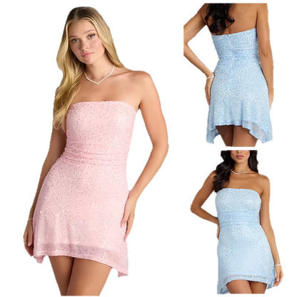 Damen Cocktailkleid Pailletten Wickeldesign Elegant