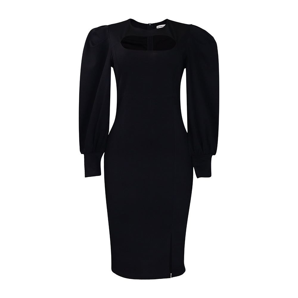 Damen Midi-Kleid Raffinierter Ausschnitt Puffärmel Eveloria
