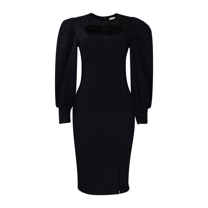 Damen Midi-Kleid Raffinierter Ausschnitt Puffärmel Eveloria