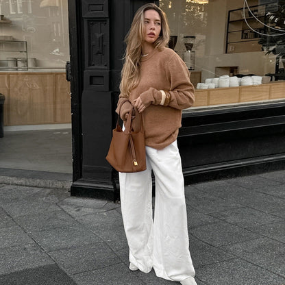 Damen Leinenhose Weit Geschnitten Elastischer Bund Hoch Tailliert