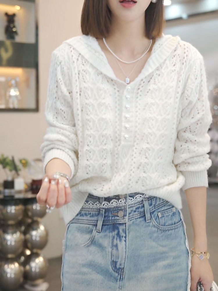Damen Strickpullover Kapuze Edelknöpfe Eveloria