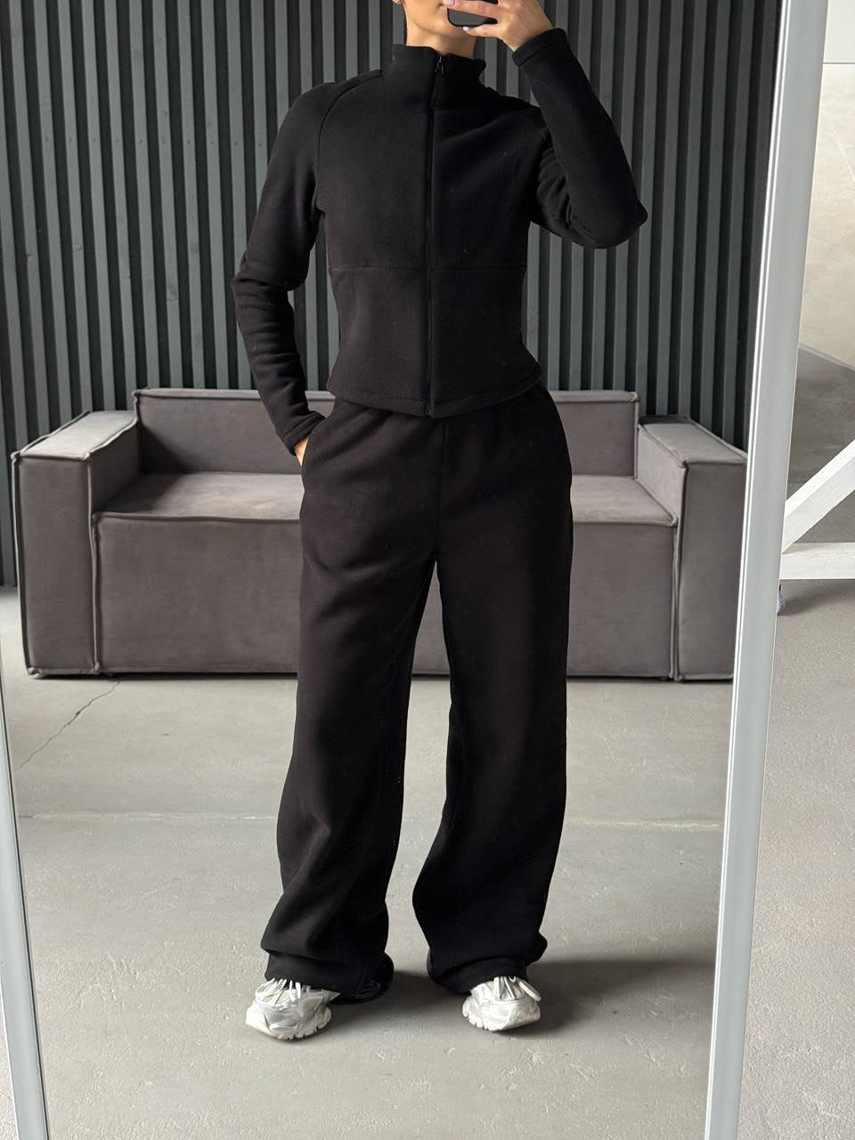 Damen Fleece Jogginganzug Hochkragen Praktische Taschen