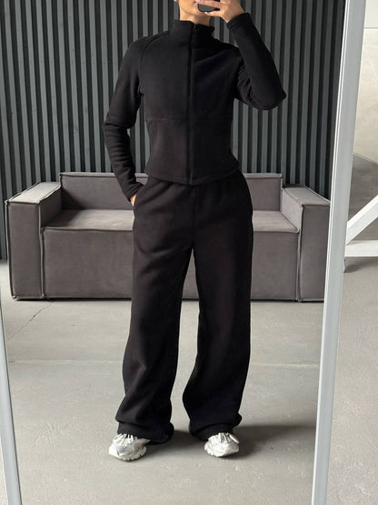 Damen Fleece Jogginganzug Hochkragen Praktische Taschen