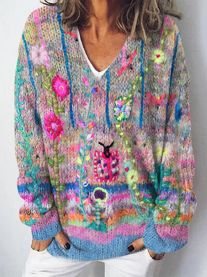 Damen Strickpullover Landschaftsmuster Eveloria