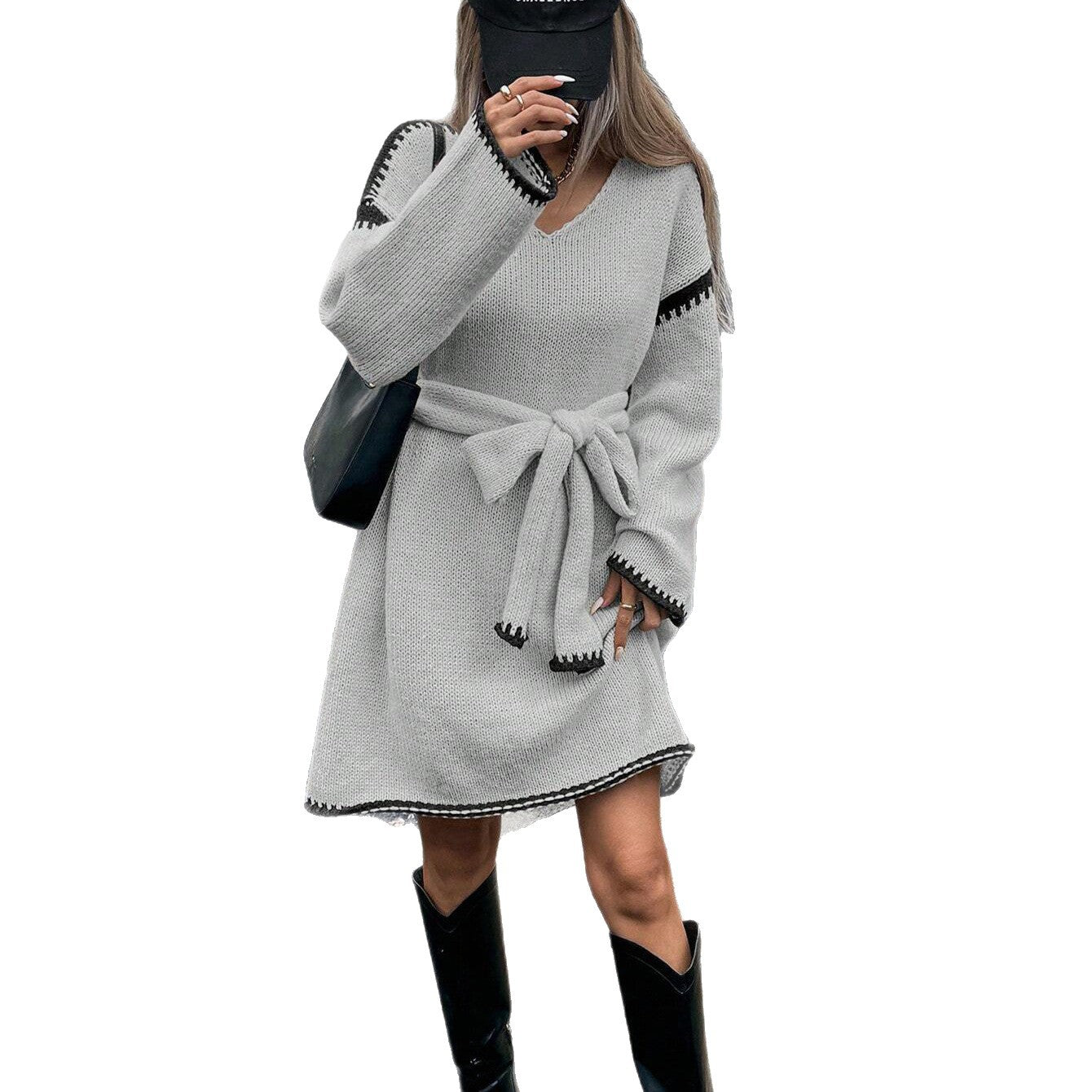 Damen Strickkleid mit Gürtel und V-Ausschnitt