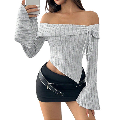 Damen Off-Shoulder Oberteil Asymmetrisch Langärmlig Eveloria