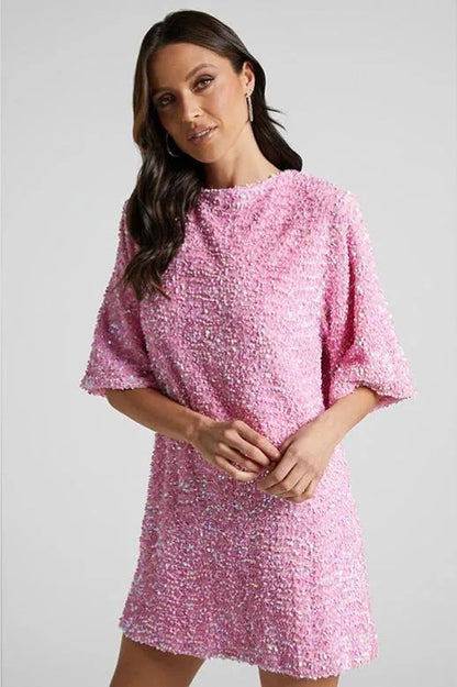 Damen Pailletten-Kleid Lockere Ärmel Rundhalsausschnitt
