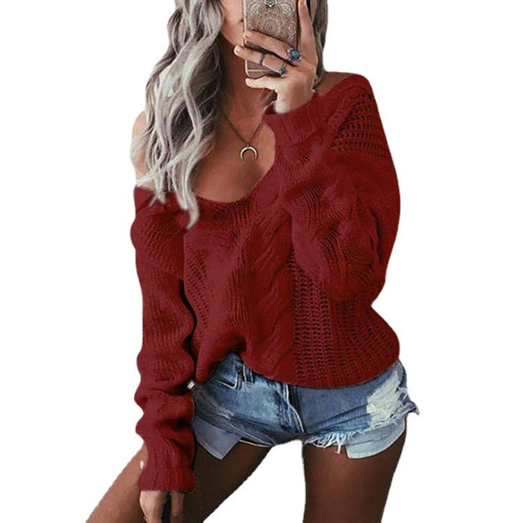 Damen Pullover Grobstrick Schulterfrei Zopfmuster Beige