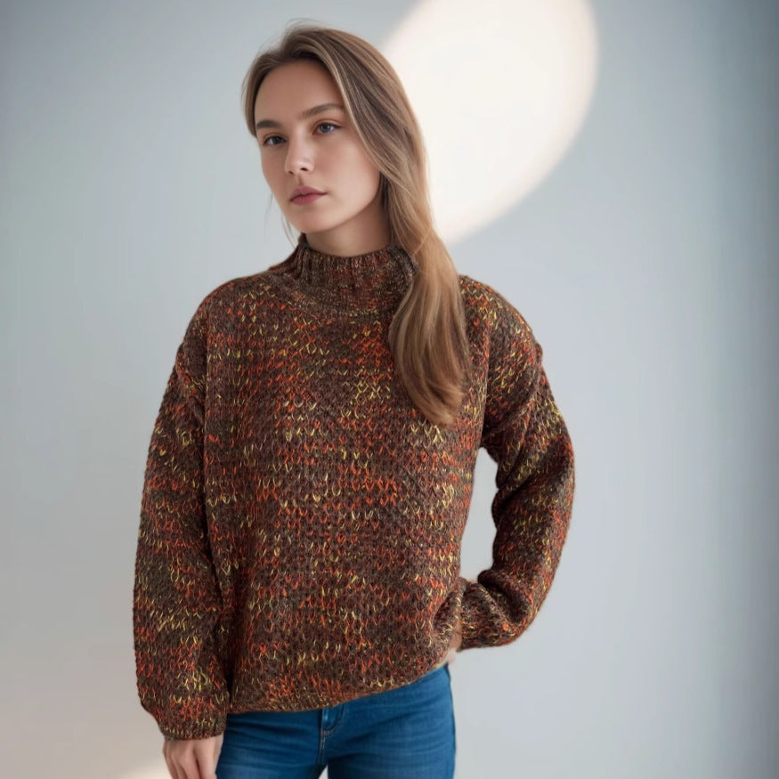 Damen Grobstrickpullover Hochgeschlossener Kragen Luftig Grau Eveloria