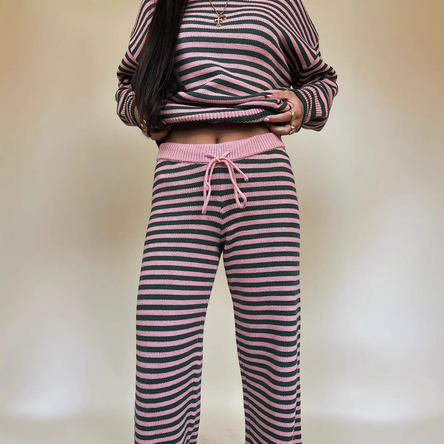 Damen Strickset Streifenmuster Weite Passform - Eveloria