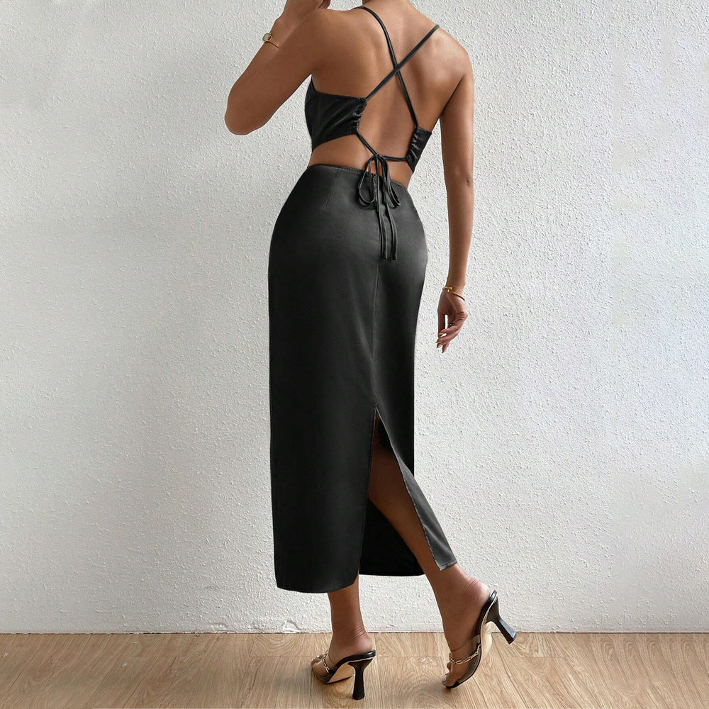 Damen Satin Maxikleid V-Ausschnitt Feine Träger Eveloria