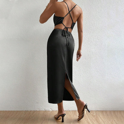 Damen Satin Maxikleid V-Ausschnitt Feine Träger Eveloria