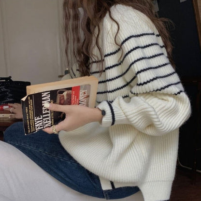 Damen Grobstrickpullover Gestreift Lässig Eveloria