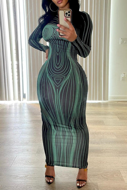 Damen Maxikleid Langarm Figurbetont Mit Grafikdesign Eveloria