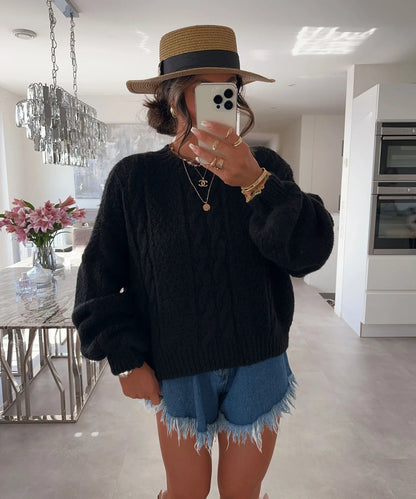 Damen Grobstrickpullover Voluminöse Ärmel Zopfmuster