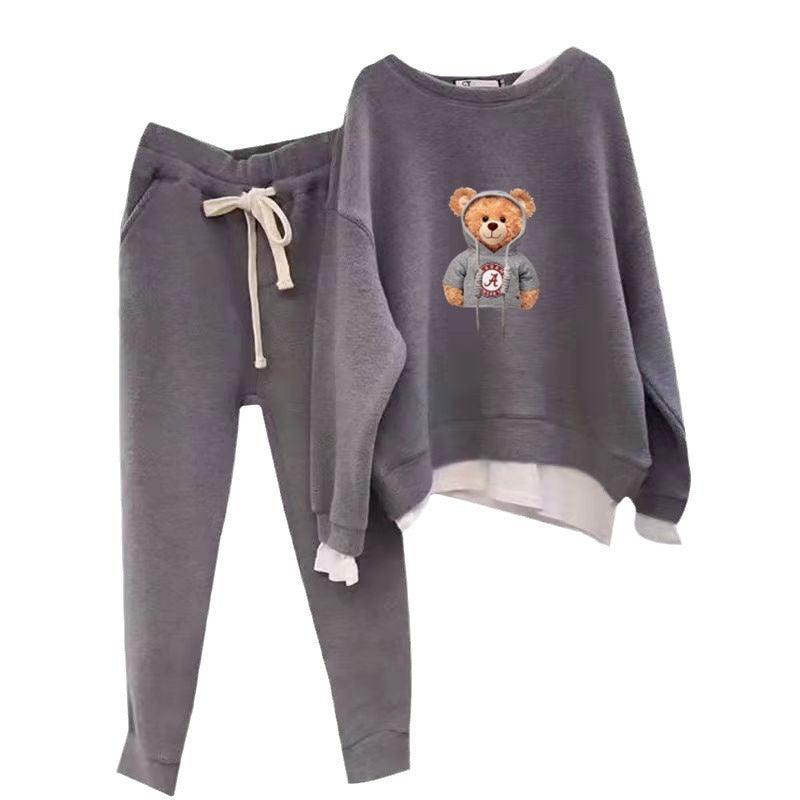 Damen Lounge-Set Bärenmotiv Baumwolle Lässig Beige