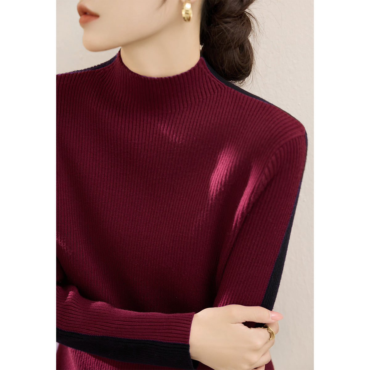 Damen Rollkragenpullover Strukturiertes Rippdesign Kontrastärmel Grau