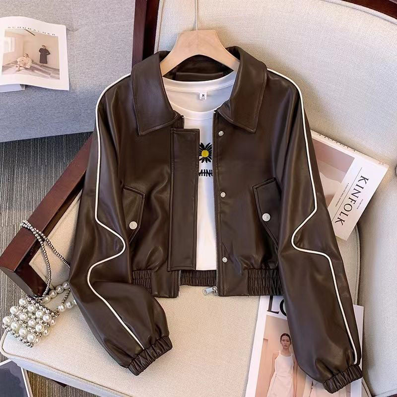 Damen Lederlook Kurzjacke Kontrastnähte Schwarz - Eveloria