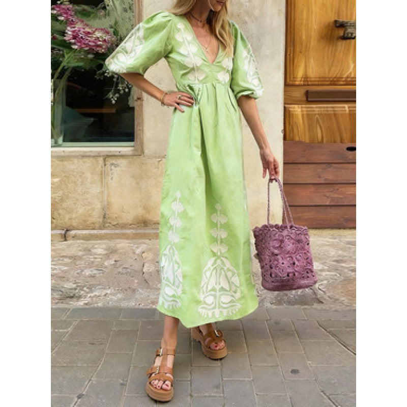 Damen Midikleid Florales Stickdesign Luftige Puffärmel