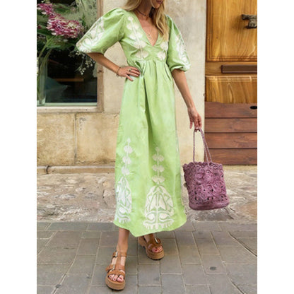 Damen Midikleid Florales Stickdesign Luftige Puffärmel