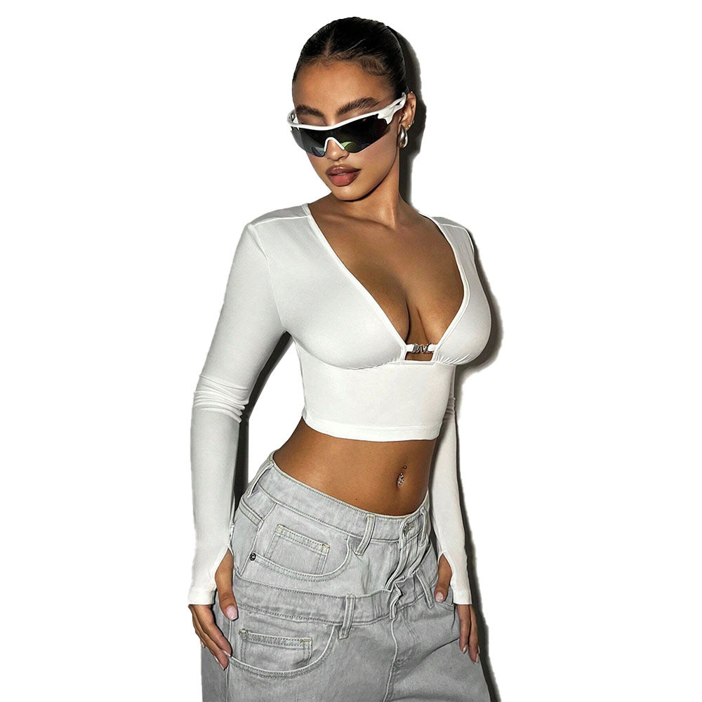 Damen Cropped Langarmtop V-Ausschnitt Dekorative Schnalle