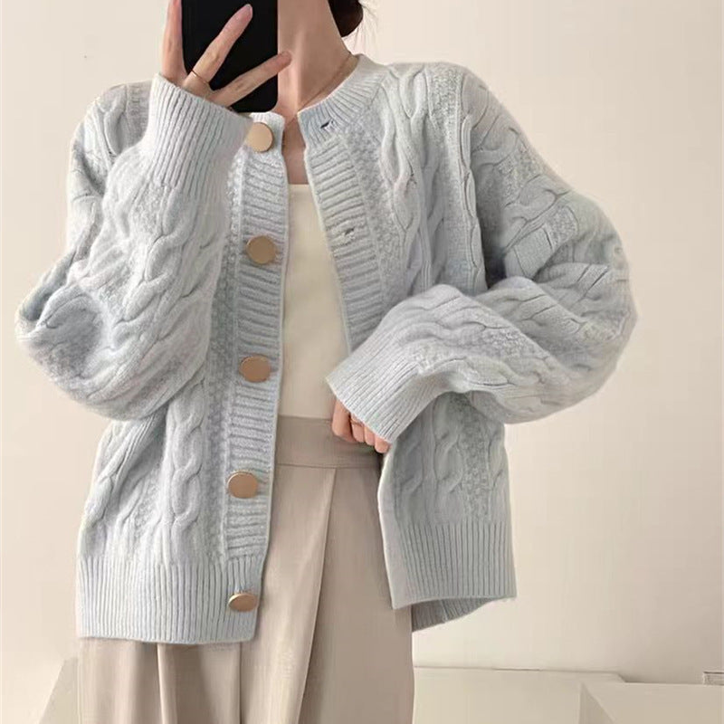 Damen Strickjacke Kabelmuster Große Knöpfe Beige - Eveloria