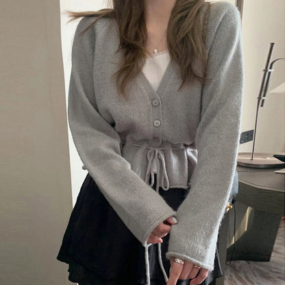 Damen Strickjacke Tailliert Mit Gürtel Beige