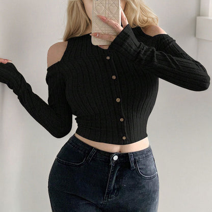 Damen Cropped Langarm-Pullover Schulterfrei Knopfverschluss Eveloria