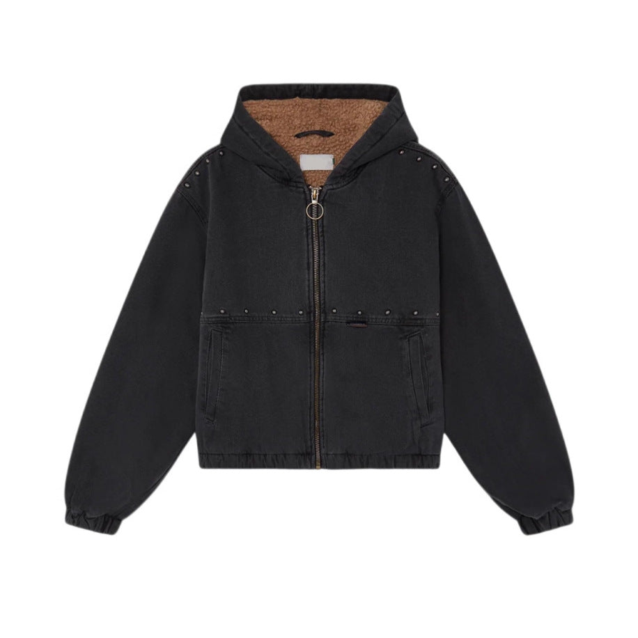 Damen Jeansjacke Kapuze Taschen Eveloria