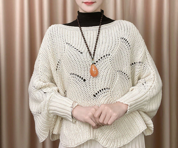 Damen Strickpullover Luftig Lochmuster Beige Eveloria