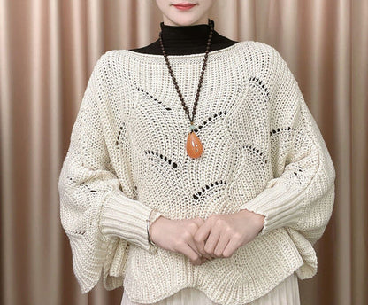 Damen Strickpullover Luftig Lochmuster Beige Eveloria