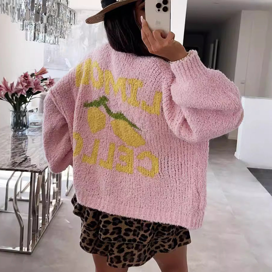 Damen Strickjacke Oversized Obstprint