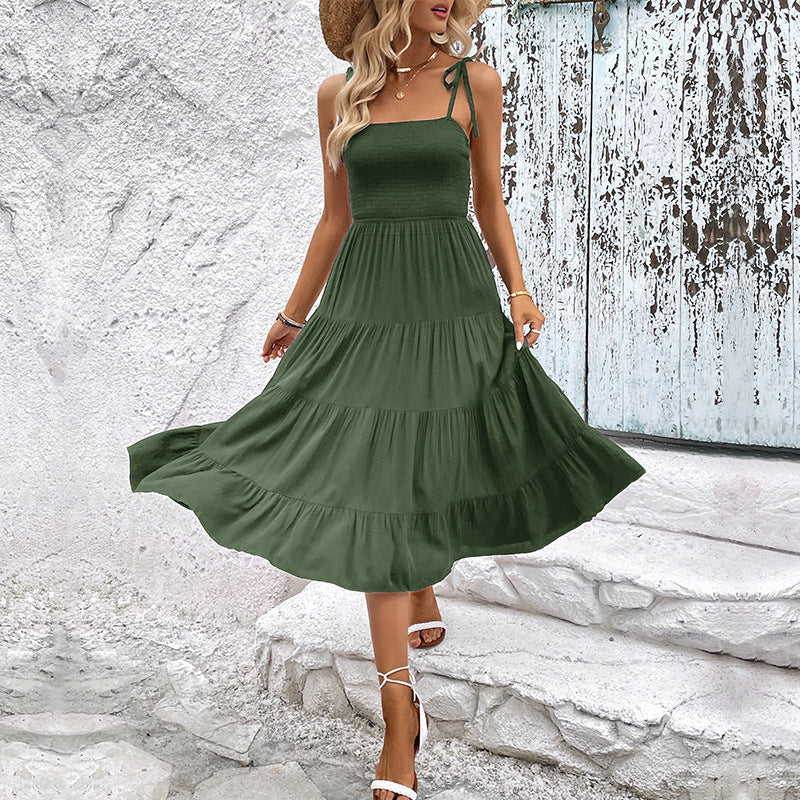 Damen Maxi-Kleid Rüschensaum Verstellbare Träger Eveloria