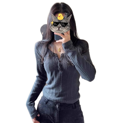 Damen Langarm-Pullover Figurbetont mit Knöpfen Eveloria