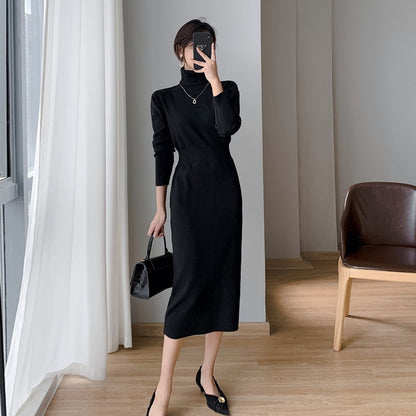 Damen Strickkleid Figurbetont Hochkragen Elegantes Design Eveloria