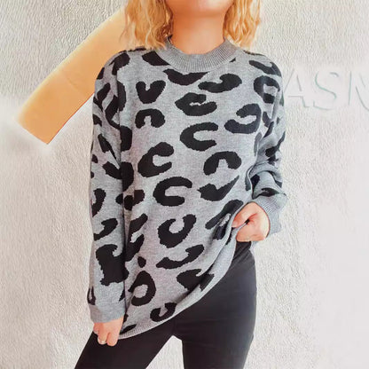 Damen Oversized Pullover Leopardenmuster Rundhalsausschnitt